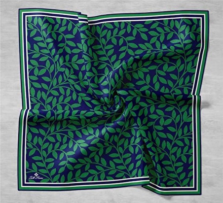 Silk Home Lacivert- Yeşil Yaprak Desenli Tivil İpek Eşarp 11397-03