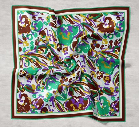 Silk Home Kahve-Yeşil Desenli Tivil İpek Eşarp 11405-36