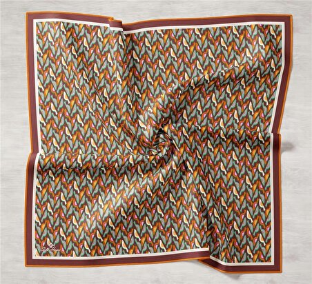 Silk Home Kahve-Turuncu Geometrik Desenli Tivil İpek Eşarp 11413-07