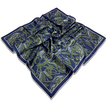 Silk Home Lacivert-Yeşil Çiçek Desen Tivil İpek Eşarp 11419-24