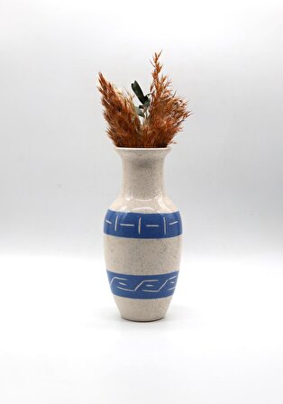 Tardan Gloria El Yapımı Simli Krem-Mavi Şeritli Vazo 