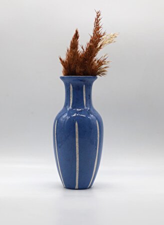Tardan Gloria El Yapımı Simli Mavi -Krem Çizgili Vazo 
