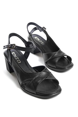 Enzo 22-08 Kadın Hakiki Deri Topuklu Sandalet Siyah