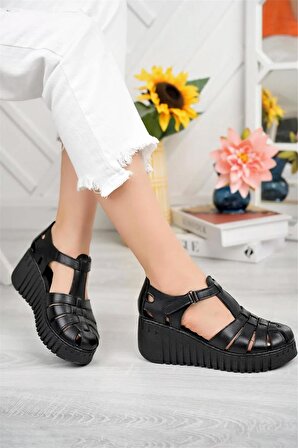 Elit Sis1620 Kadın Deri Dolgu Topuk Sandalet Siyah