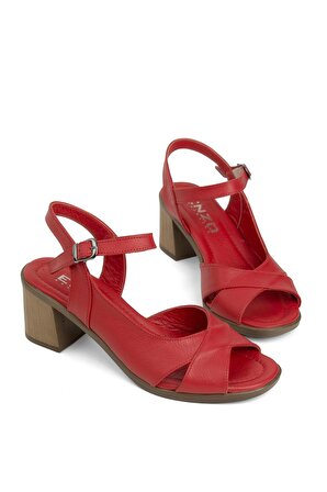 Enzo 22-08 Kadın Hakiki Deri Topuklu Sandalet Kırmızı
