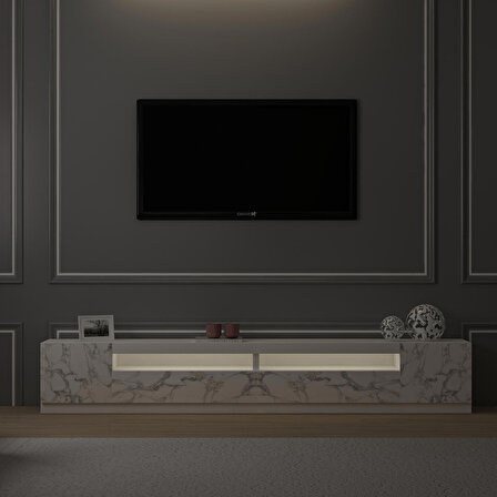 T008 Arya Işıklı Tv Sehpası Orma Mermer-Beyaz Set