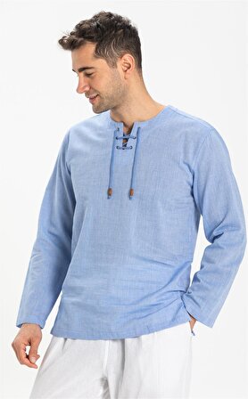 Büyük Beden Şile Bezi Uzun Kol Zımbalı T-Shirt Mav