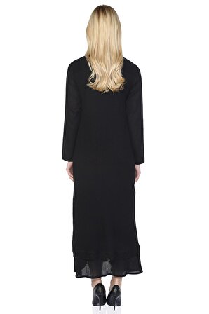 Uzun Kol Şile Bezi Nervürlü Uzun Elbise Siyah