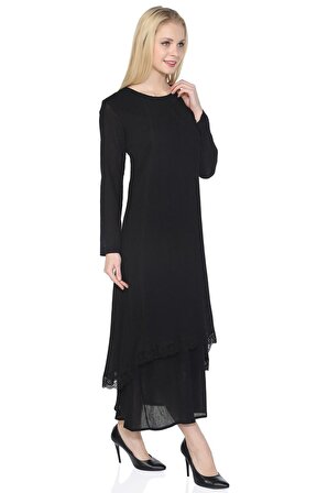 Uzun Kol Şile Bezi Nervürlü Uzun Elbise Siyah