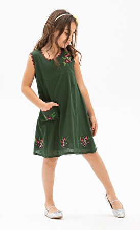 Burçak Şile Bezi Kız Çocuk Elbise Yeşil Ysl