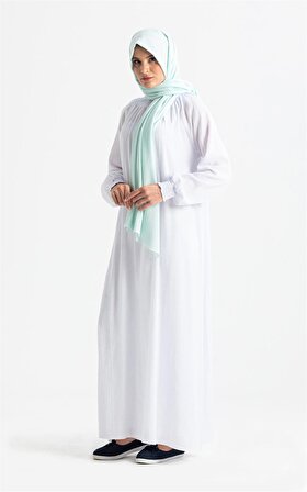 Kadın Şile Bezi Pamuk Namaz Elbisesi Tek Parça Kolay Boydan Giyilen Kolu ve Yakası Lastikli Beyaz Byz