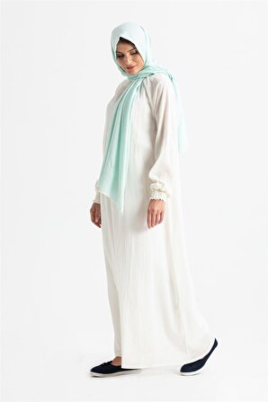 Kadın Şile Bezi Pamuk Namaz Elbisesi Tek Parça Kolay Boydan Giyilen Kolu ve Yakası Lastikli Krem Krm