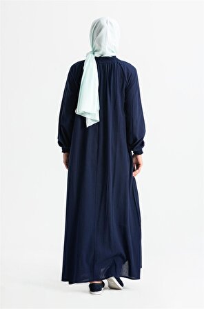 Kadın Şile Bezi Pamuk Namaz Elbisesi Tek Parça Kolay Boydan Giyilen Kolu ve Yakası Lastikli Lacivert Lcvt