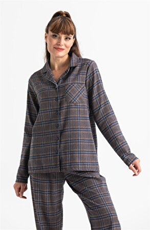 Uzun Kol Pazen Sonbahar ve Kışlık Pijama Takımı Kahve Khv