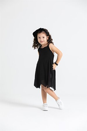 Askılı Şile Bezi Emel Çocuk Elbise Siyah Syh