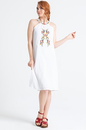 Kolsuz Şile Bezi Nalan Nakışlı Kısa Elbise Beyaz Byz