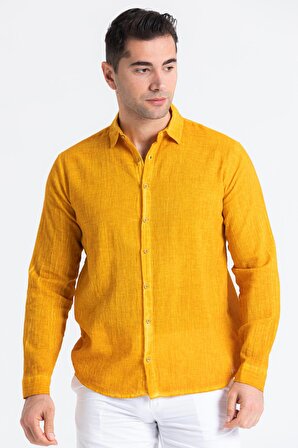 Uzun Kol Poplin Akdeniz Erkek Gömlek Sarı Sarı