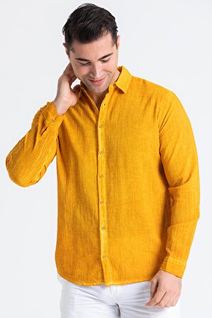 Uzun Kol Poplin Akdeniz Erkek Gömlek Sarı Sarı