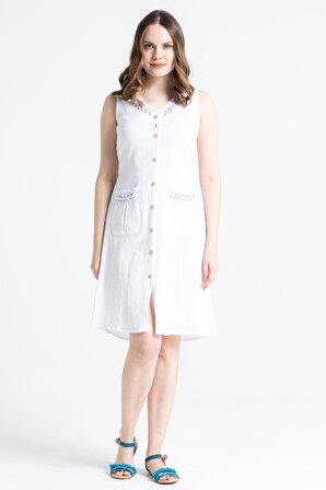Kolsuz Şile Bezi Nazar Düğme Detaylı Kısa Elbise Beyaz Byz