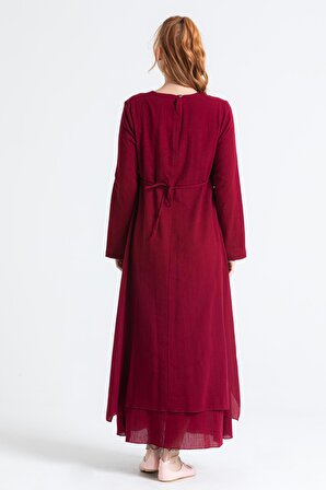 Uzun Kol Şile Bezi Nakışlı Antik Uzun Elbise Bordo Brd