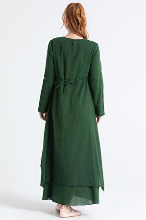 Uzun Kol Şile Bezi Nakışlı Antik Uzun Elbise Yeşil Ysl