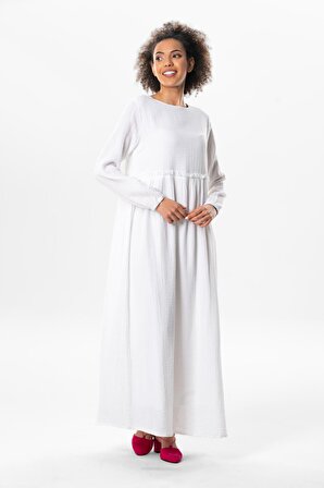 Uzun Kol Oylum Robalı Uzun Yazlık Müslin Elbise Beyaz Byz