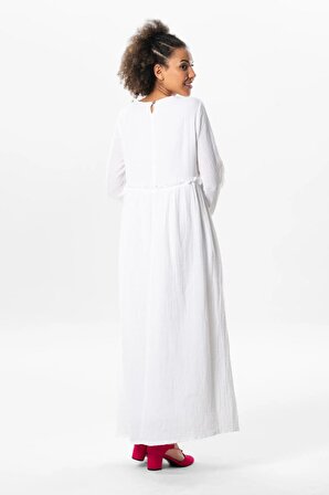 Uzun Kol Oylum Robalı Uzun Yazlık Müslin Elbise Beyaz Byz