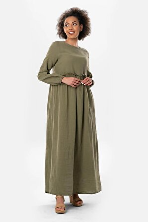 Uzun Kol Oylum Robalı Uzun Yazlık Müslin Elbise Haki Hk