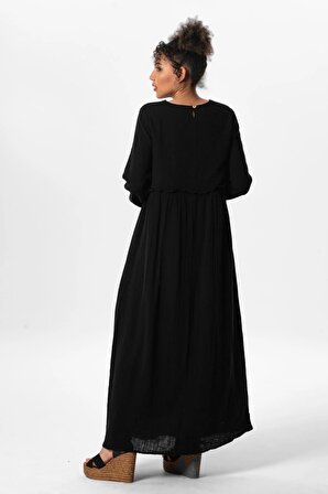Uzun Kol Oylum Robalı Uzun Yazlık Müslin Elbise Siyah Syh