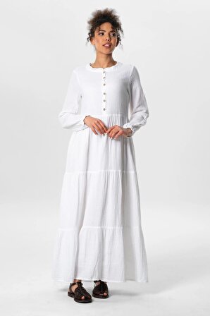 Uzun Kol Akay Uzun Düğme Detay Yazlık Müslin Elbise Beyaz Byz
