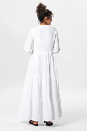 Uzun Kol Akay Uzun Düğme Detay Yazlık Müslin Elbise Beyaz Byz