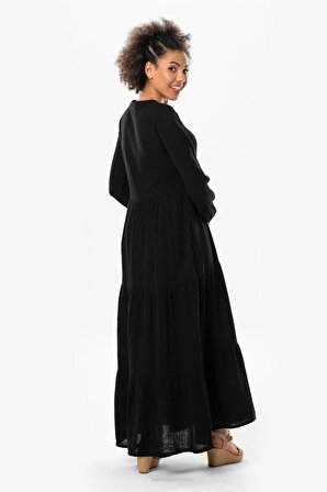 Uzun Kol Akay Uzun Düğme Detay Yazlık Müslin Elbise Siyah Syh
