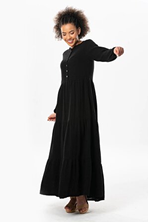 Uzun Kol Akay Uzun Düğme Detay Yazlık Müslin Elbise Siyah Syh
