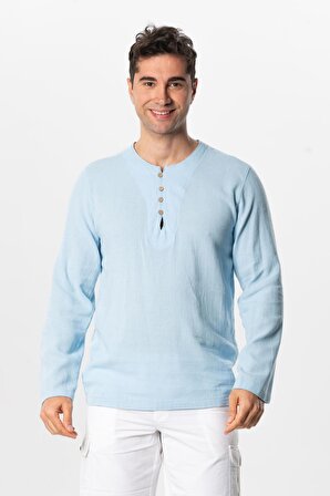Halikarnas Uzun Kol Violet Düğme Detaylı Erkek Yazlık Tshirt Buz Mavi Bmv