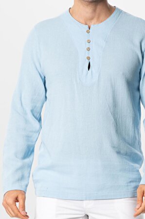 Halikarnas Uzun Kol Violet Düğme Detaylı Erkek Yazlık Tshirt Buz Mavi Bmv