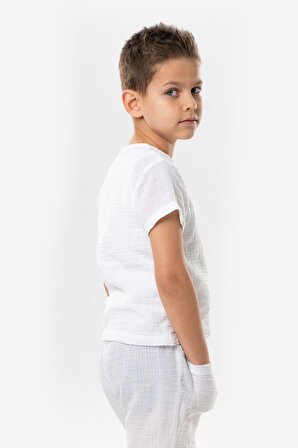 Kısa Kol Batı Cep Detaylı Yazlık Müslin Erkek Çocuk Tshirt Beyaz Byz
