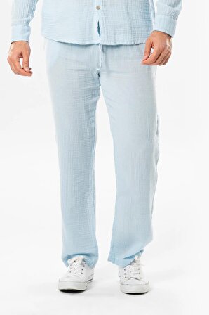 Müslin Beli Lastikli Çift Cepli Erkek Yazlık Pantolon Buz Mavi Bmv