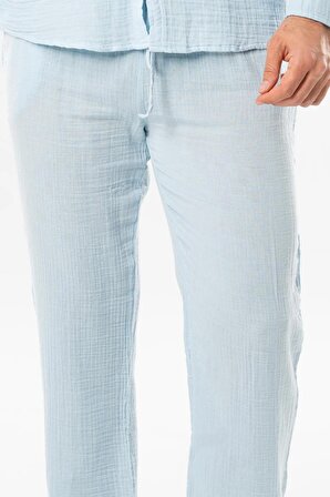 Müslin Beli Lastikli Çift Cepli Erkek Yazlık Pantolon Buz Mavi Bmv