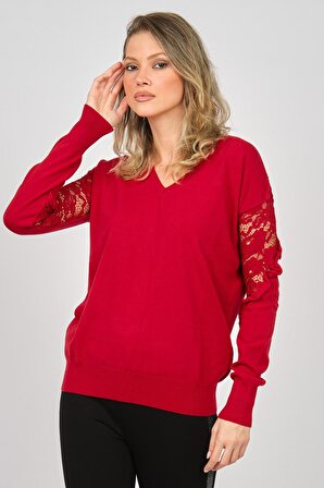 Lal Knitwear Lal Kadın Kolları ve Omuzları Dantel Detaylı Bluz 6200255 Kırmızı