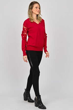 Lal Knitwear Lal Kadın Kolları ve Omuzları Dantel Detaylı Bluz 6200255 Kırmızı