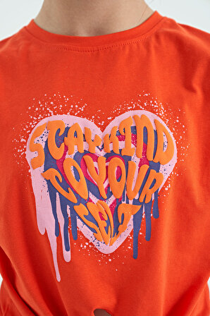 Portakal Kalp Baskılı Ön Düğüm Detaylı Rahat Form Kız Çocuk T-Shirt - 75114 | 11-12 Yaş