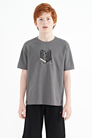Koyu Gri Yazı Nakışlı O Yaka Oversize Erkek Çocuk T-Shirt - 11151 | 14-15 Yaş