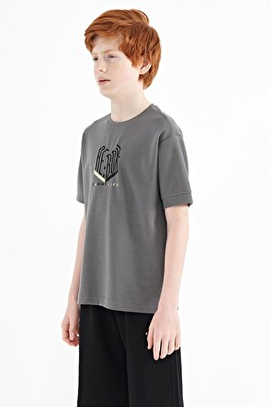 Koyu Gri Yazı Nakışlı O Yaka Oversize Erkek Çocuk T-Shirt - 11151 | 14-15 Yaş