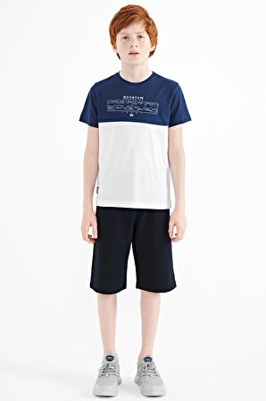 Beyaz Yazı Baskılı Renk Bloklu Standart Kalıp O Yaka Erkek Çocuk T-Shirt - 11134 | 9-10 Yaş