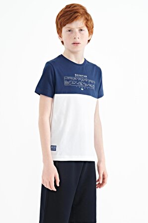 Beyaz Yazı Baskılı Renk Bloklu Standart Kalıp O Yaka Erkek Çocuk T-Shirt - 11134 | 9-10 Yaş