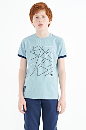 Açık Mavi Minimal Yazı Baskılı Standart Kalıp O Yaka Erkek Çocuk T-Shirt - 11132 | 6-7 Yaş