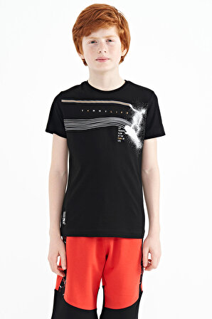 Siyah Baskı Detaylı Standart Kalıp O Yaka Erkek Çocuk T-Shirt - 11133 | 11-12 Yaş