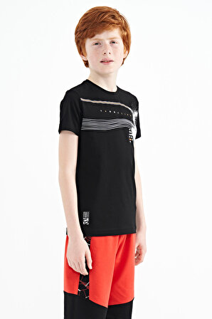 Siyah Baskı Detaylı Standart Kalıp O Yaka Erkek Çocuk T-Shirt - 11133 | 11-12 Yaş