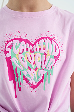 Pembe Kalp Baskılı Ön Düğüm Detaylı Rahat Form Kız Çocuk T-Shirt - 75114 | 7-8 Yaş