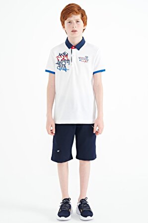 Beyaz Yazı Nakış Detaylı Standart Kalıp Polo Yaka Erkek Çocuk T-Shirt - 11085 | 7-8 Yaş